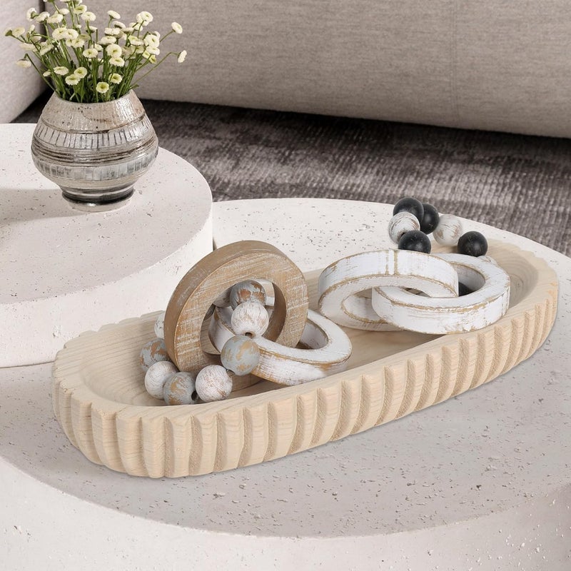 Oakrain Wooden Decorative Dough Bowl for Home Decor, Unique Centerpiece Bowl, Wood Bowl with Hand Carved Vertical Stripes, Home Decor Accents for Farmhouse Boho Rustic Style (16.3"x 6" Light Wood Color) - Image 5
